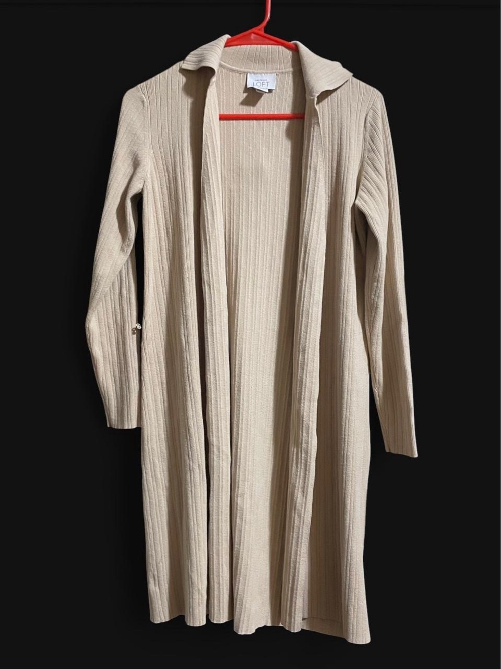 LOFT Neutral Beige Ribbed Open-Front Duster Cardigan